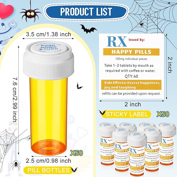 50 Set Nursing Halloween Party Supplies 50 Empty Pill Bottles with Caps Plastic Medicine Containers with 50 Sticky Label Pill Vial for Nurse Party Favors Serve (8 Dram)