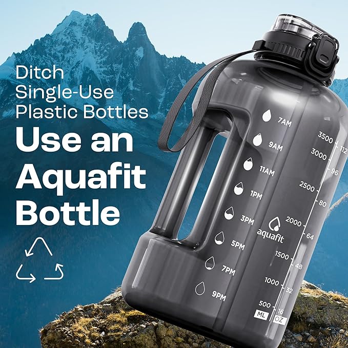 AQUAFIT 1 Gallon Water Bottle with Time Marker - Straw & Chug Lid - BPA Free Gym Water Bottle with Straw - Big Gallon Jug (Gray, 128 oz - 2in1 Lid)