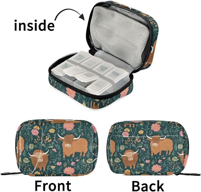 Fustylead Cute Shaggy Highland Cows on Meadow Pill Organizer Travel Bag, Small Portable Pill Case Cute for Vitamin Fish Oil Supplements Medicine Organizer with Zipper