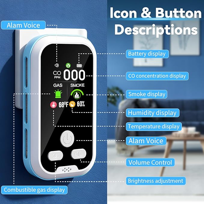 6-in-1 Carbon Monoxide Detector 2 Pack Combo with LCD Display, Detects CO, Natural Gas, Smoke, Temperature, Humidity for Home, Hotel, RV, Apartment Safety, Monoxide Alarm HD Screen