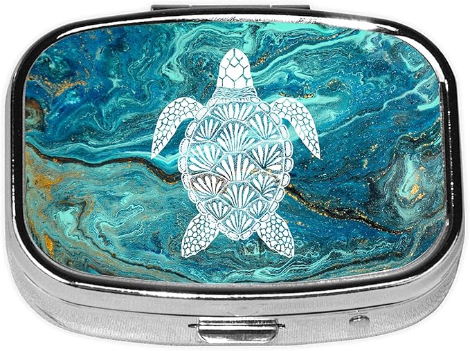 Sea Turtle Pill Box 2 Compartment Small Pill Case,Portable for Pocket or Purse Pill Organizer Pill Container Holder with Mirror to Hold Vitamins, Medication, Fish Oil and Supplements