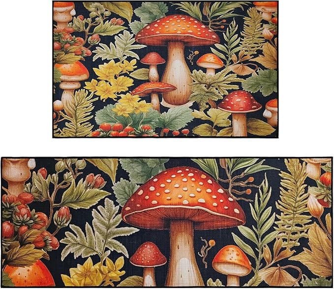 Mushroom Kitchen Mat Set of 2, Kitchen Rugs and Mats Non Slip Washable, Home Decor Low-Profile Kitchen Floor Mat (17”x30“+17''x47'')