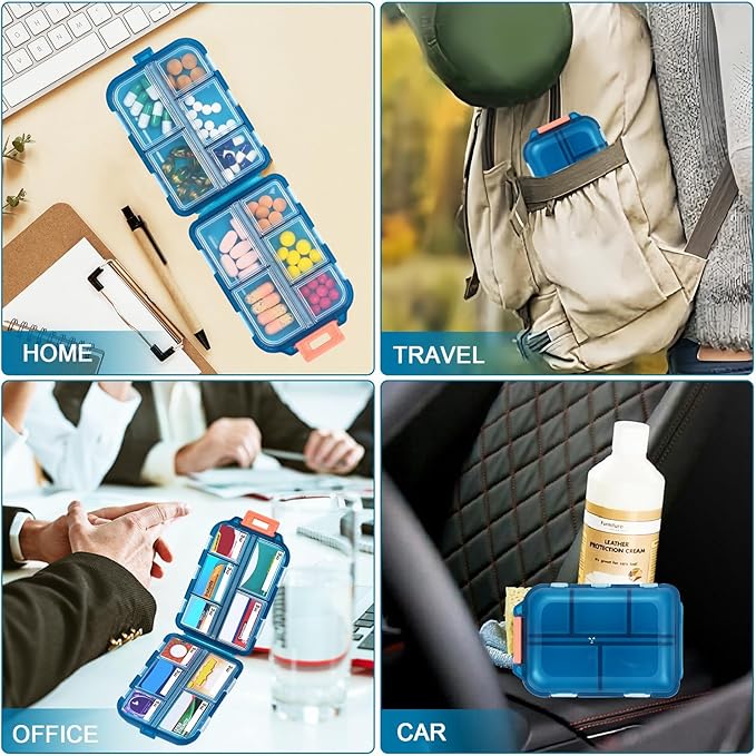 1 Pack 10 GRIDS Travel Pill Organizer Box with 189 Labels - Travel Medicine Case Kit - Pocket Daily Pharmacy Container - Travel Medication Holder Dispenser for Fish Oil Vitamin Supplement Storage