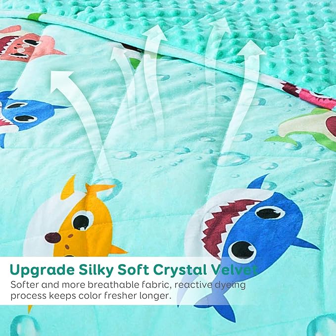 Sivio Minky Dotted Weighted Blanket, Super Soft Crystal Velvet Reversible Heavy Blanket with Cute Cartoon Patterns, 3 lbs, 36x48 Inch, Green Shark