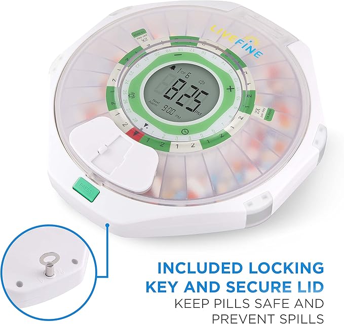 Live Fine 28-Day Automatic Pill Dispenser Frosted Lid with Upgraded LCD Display and Key Lock, Sound & Light for Prescriptions, Medication, Vitamins, Supplements & More