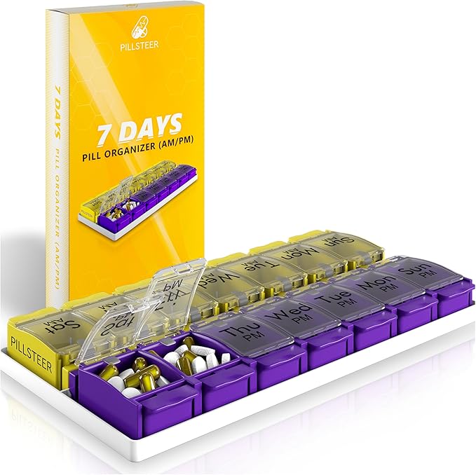 Pill Organizer 2 Times a Day - Weekly Medicine Organizer - Vitamin Holder - Big Pill Container Box - Easy Open Large Medication Dispenser Case - Detachable 7 Day AM PM - 14 Compartments