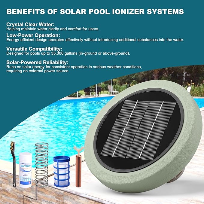 Solar Pool Ionizer for Above Ground, Floating Copper Pool Cleaner Purifier Cuts Chlorine by 85% Works for Pools Up to 40,000 Gal, Swimming Pools Water Cleaner for in-ground Pools and spas (Green)