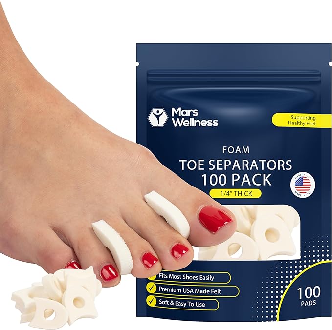Premium Foam Toe Separators for Women and Men - Made in USA - Foam Toe Spacers for Corn, Blister, and Hammer Toe Relief - 1/4 Inch - Bulk Pack of 100 Toe Pads