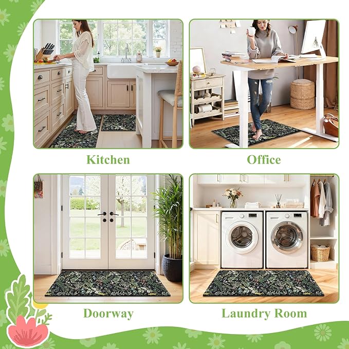 SHACOS Botanical Kitchen Rugs Set of 2 Spring Anti-Fatigue Kitchen Mats Black Green Leaf Cushioned Mats with Leaves Herb Greenery Farmhouse 17x27.5+17x47, Vintage Plants