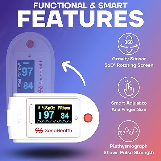 Pulse Oximeter by SonoHealth - Fingertip Blood Oxygen Saturation Monitor, Data Recording, Bluetooth-Enabled - Lifetime Mobile App Access (Pulse Oxi V 1.0)