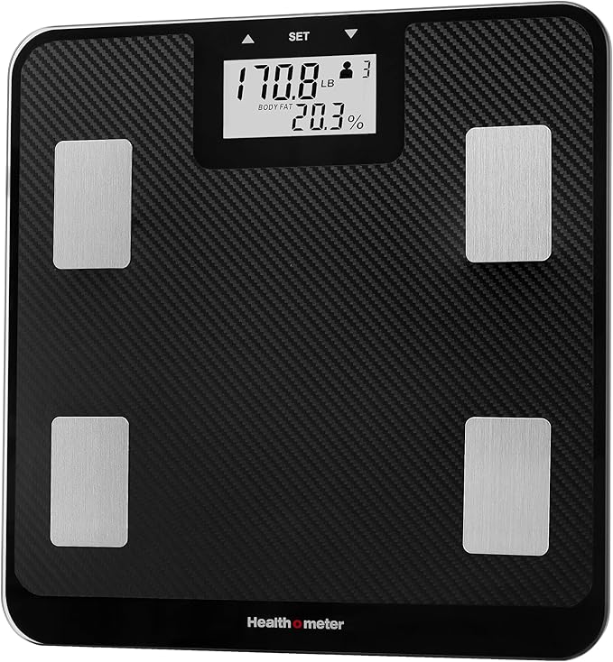 Health o meter Digital Body Composition Scale – BMI, Body Fat & Water Mass Measurement, Multi-User Tracking, 450 lb Capacity, Step-On Carbon Fiber Platform, Backlit Display, 3 AAA Batteries Included