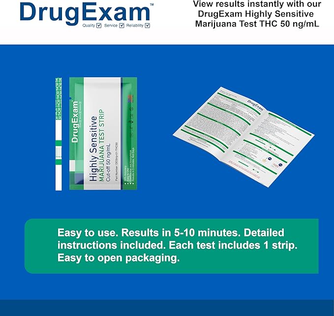 5 Pack - DrugExam Made in USA Highly Sensitive Marijuana THC Testing Drug Test Strip Kit - Drug Test with 50 ng/mL Cutoff Level for Detecting Any Form of THC in Urine up to 35 Days. Urine Test Strips