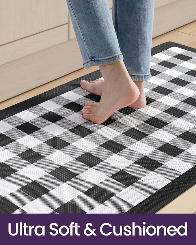 DEXI Kitchen Floor Mats Anti Fatigue, 20x29+20x59 Large Wide Cushioned Runner Rug Memory Foam, Waterproof Comfort Standing Padded Non Skid for Home Office Sink Laundry, Black and White Buffalo Plaid
