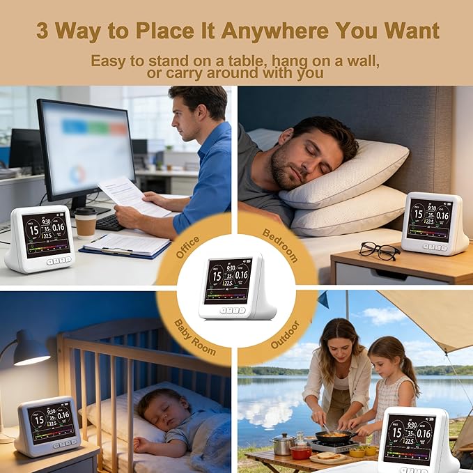 Professional Indoor Air Quality Monitor with 7X AQI Alarms,16 in 1 Portable Real-Time Detector for PM2.5 | PM10 | CO2 | TVOC | HCHO | Temp | Hum for Home Cars Plants Pets
