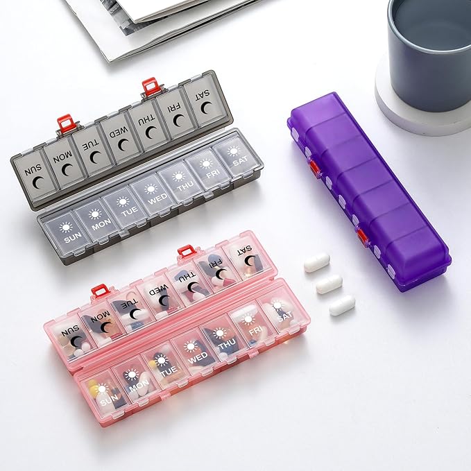 Foldable Pill Organizer Weekly 2 Times a Day, 7 Day Portable AM PM Travel Pill Case with Black&White Labels, Dual-Protection Daily Medicine Box, Large Pill Container for Vitamin/Supplement-Clear Pink