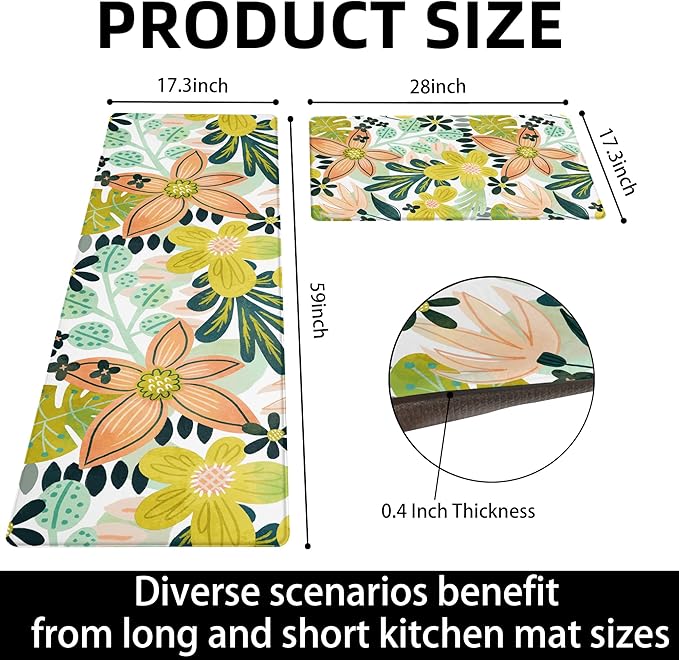 Boho Floral Long Kitchen Mats Rugs Sets of 2 Cushioned Anti Fatigue Floor Mat Foam Comfort Kitchen Rugs Farmhouse Style Non Slip Waterproof Mid Century Botanical Standing Mat for Sink Laundry