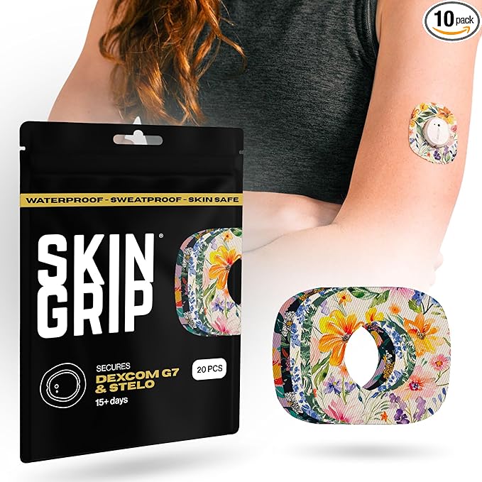 Skin Grip Adhesive Patches for Dexcom G7 & Stelo CGM with Cutout – Waterproof & Sweatproof Cover for Continuous Glucose Monitor Sensor, Stays Secure for 10-15 Days – 10 Patches, Floral