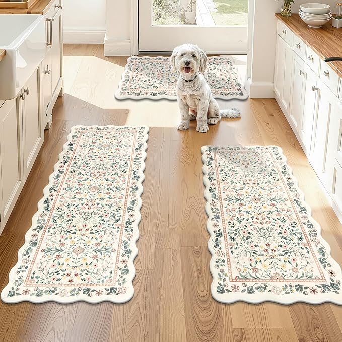 Yamaziot Anti Fatigue Kitchen Rugs Set of 3 - Boho Non Slip Waterproof Kitchen Mats for Floor, Boho Runner Rug for Kitchen Floor, Laundry, Desk, Office, 17.3"x29"+17.3"x35"+17"x47.3", Beige & Pink