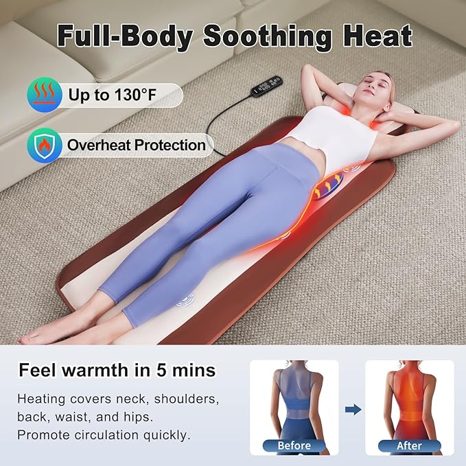 Full Body Massage Mat with Heat, Back Massager for recliner with Lumbar Support, Heating & Vibration, Massage Chair Pad for Seniors, Office Workers & Family, Fatigue & Pain Relief in Office, Home