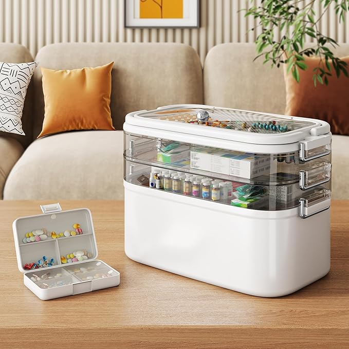 NiHome 4-Tier Medicine Organizer Box with Pill Case, 12.2"x7.09"x10.24" Large Portable Medication Storage for Home & Travel, Adjustable Moisture-Resistant Layers, Easy-Access Lid & Handles