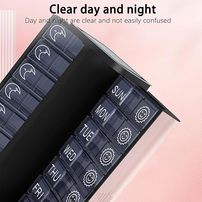 Pill Organizer 7 Day AM PM, Discreet 2 Times a Day Weekly Pill Box with Double Protection Shell, Large Capacity Portable Vitamin Case for Travel Meds & Medicine Organizer (Silver and Pink)