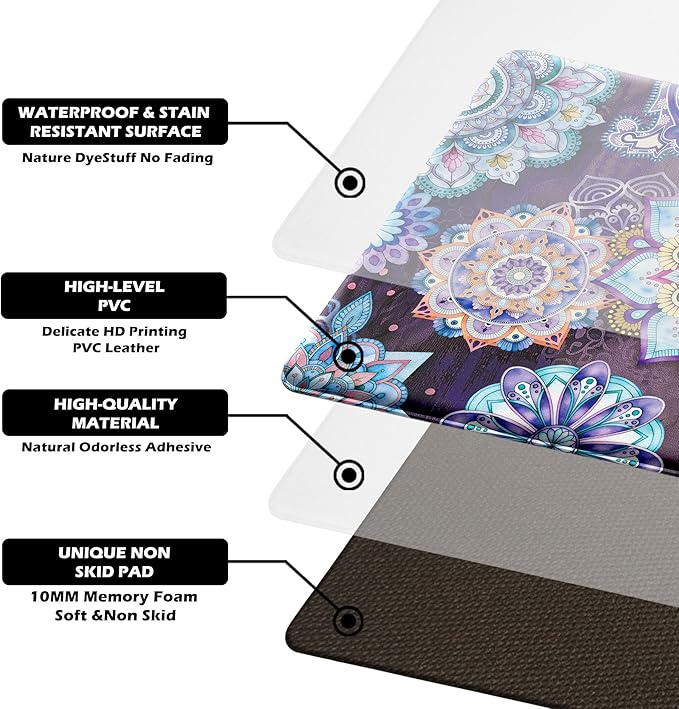 Boho Purple Floral Kitchen Rugs Mats for Floor 2 Piece Memory Foam Padded Kitchen Mats Anti Fatigue Non Slip Cushioned Comfort Standing Mat, 17.3x28+17.3x47 Inch