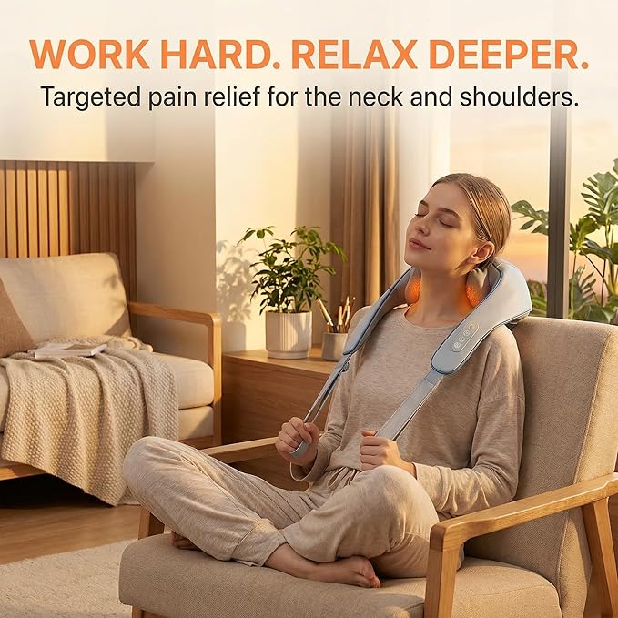 Neck Massager for Pain Relief Deep Tissue, Neck Massage with Heat, Cordless Massager for Back and Shoulder Pain, Deep Kneading Back Massager, Gift for Mom Dad
