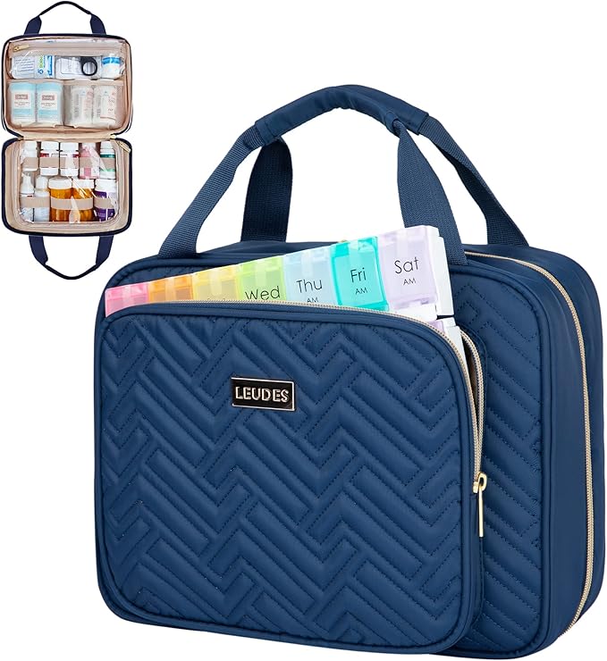 Leudes Travel Pill Bottle Organizer,Medicine Organizer and Storage,Home Medication Bag, Cases,Carrier for Pills,Vitamin,Fish Oil,Supplements for Women and Men (Medium, Blue)