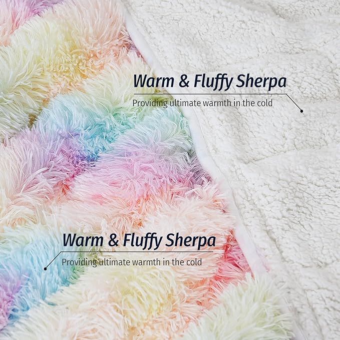 Wemore Shaggy Long Fur Faux Fur Weighted Blanket,Cozy and Fluffy Plush Sherpa Long Hair Blanket for Adult 15lbs,Fluffy Fuzzy Sherpa Reverse Heavy Blanket for Bed,Couch, Rinbow 60 x 80 Inches