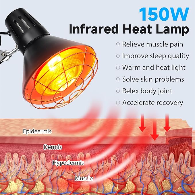 Infrared Heat Lamp with Timer, Red Light Therapy for Body Muscle Joint Pain Relief, 150W Near Infrared Lamp with Sturdy Adjustable Base