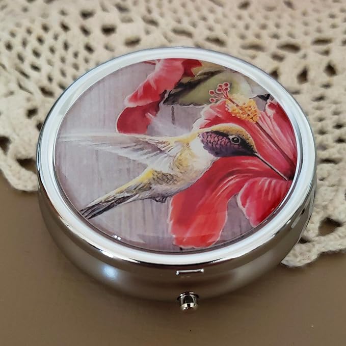 Designer Pill Box by Houder - Decorative Pill Case with Gift Box - Carry Your Meds in Style (Hummingbird)