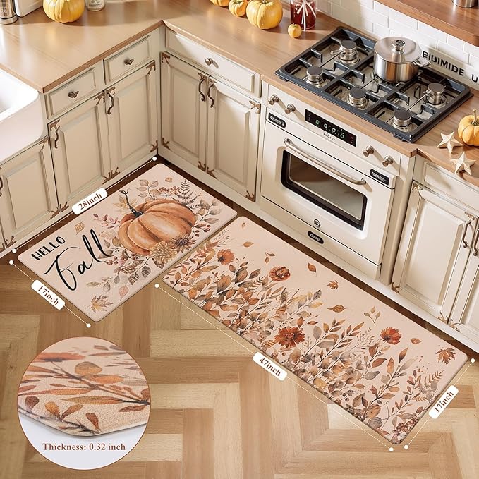 U'Artlines Fall Kitchen Rugs Sets of 2, Kitchen Mats Cushioned Anti Fatigue Printed on Both Sides, Autumn Pumpkin Flowers Comfort Desk Standing Rugs for Halloween Home Fall Decoration 17"x28"+17"x47"