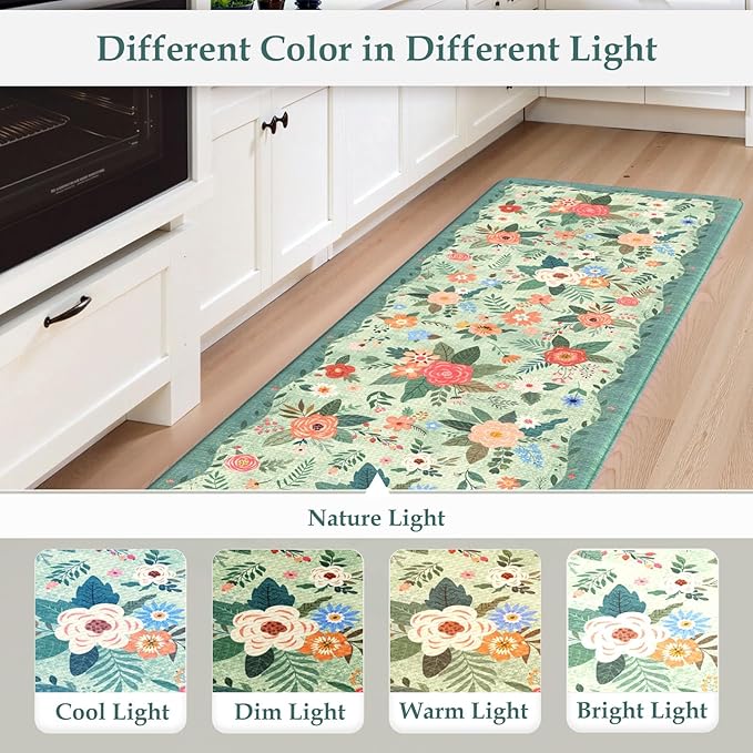 KIMODE Kitchen Mats for Floor Cushioned Anti Fatigue, Green Floral Kitchen Rugs Sets of 2, Boho Rugs for Kitchen Floor, Comfort Kitchen Floor Mats, Standing Desk Mat for Sink Laundry 20"x47"+20"x32"