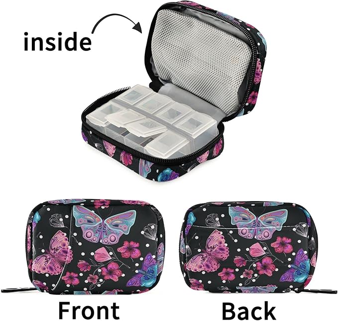 Fustylead Pink Flowers and Butterflies Pill Organizer Travel Bag, Small Portable Pill Case Cute for Vitamin Fish Oil Supplements Medicine Organizer with Zipper