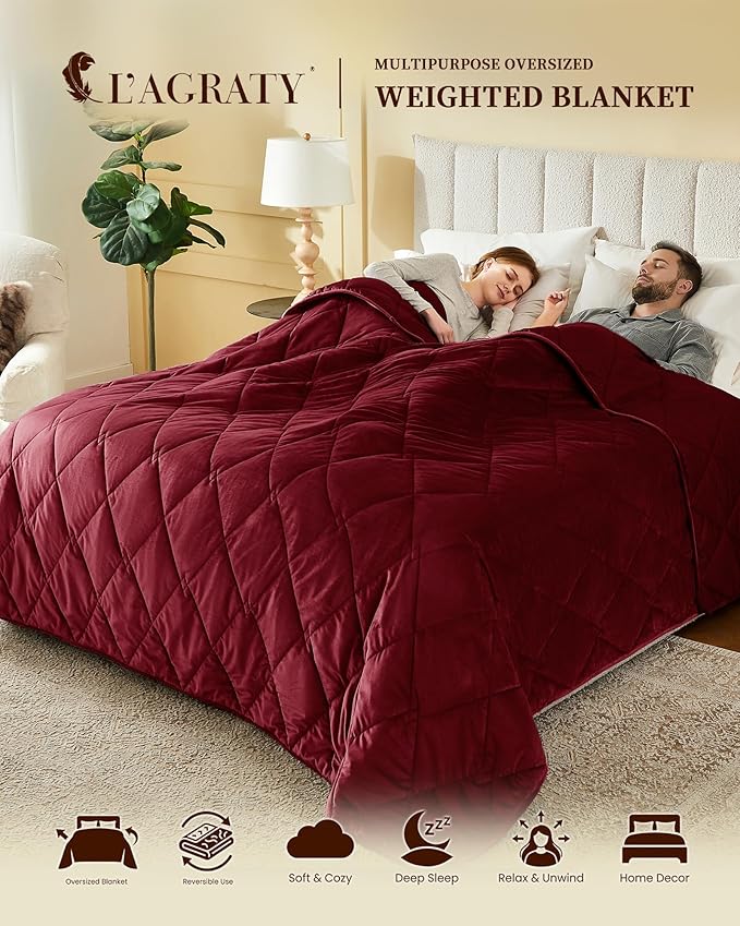 L'AGRATY Queen/King Size Weighted Blanket for Adults 25lbs, 80"x87" — Cooling Breathable Heavy Blanket with Glass for Sleeping Perfect for Hot Sleepers & Couples Machine Washable All-Season Wine Red