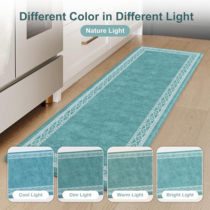 KIMODE Anti Fatigue Kitchen Mats 17"x47"+17"x29", Farmhouse Memory Foam Kitchen Floor Mats Non Slip, Turquoise Kitchen Mats for Floor, Waterproof Standing Mats for Laundry Office Sink Desk