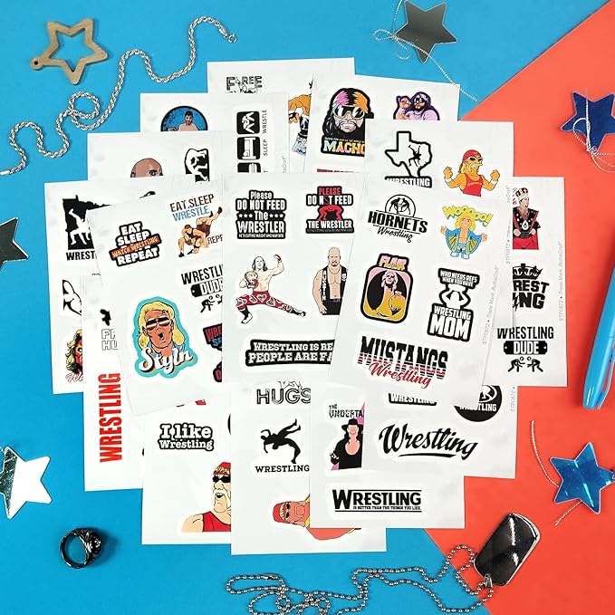 BulbaCraft 100Pcs Wrestling Stickers and Decals for Water Bottles, Wrestling Birthday Party Decorations, Gifts for Wrestlers, Gifts for Women & Men