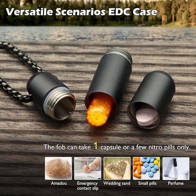 Extended Small Pill Box Necklace Black Titanium Mini Pill Case with Necklace Chain Tiny Pill Case for Men Waterproof Pill Holder Emergency Aspirin & Nitro Pill Container