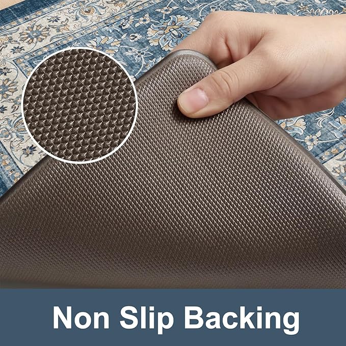 KIMODE Anti Fatigue Kitchen Mats 17.3" x 47"+17.3" x 29", Boho Blue Kitchen Rugs Sets of 2, Non Slip Waterproof Kitchen Floor Mats, Vintage Memory Foam Kitchen Mat for Sink, Laundry, Desk