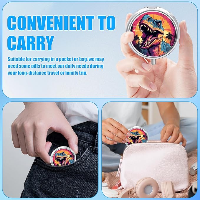 Pill Box, 3 Compartments Small Pill Case Travel Portable Metal Medicine Box with Mirror Mini Container for Purse Pocket Women Men（Cool Dinosaur）