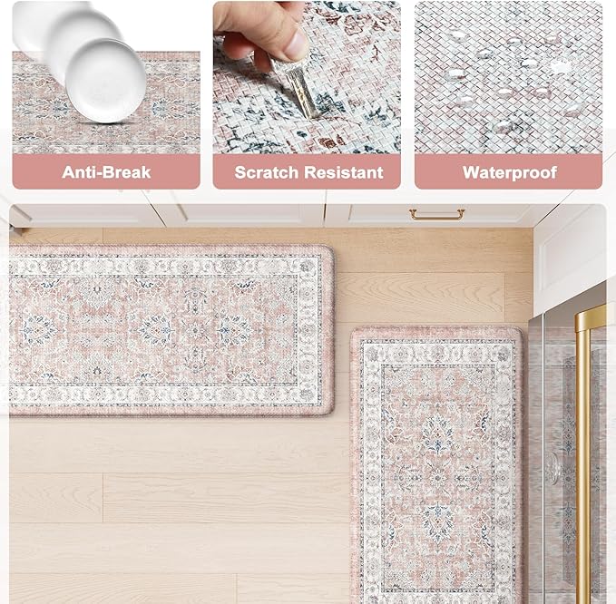 KIMODE Anti Fatigue Mats for Kitchen Floor, Boho Floral Kitchen Rugs Sets of 2, Cushioned Kitchen Floor Mats, Comfort Standing Desk Mat for Sink, Laundry, Desk Pink Multi 17"x29.5"+17" x47”