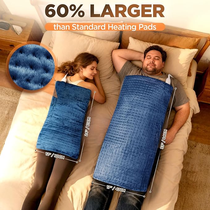 17''x33'' XXXL King Size Heating Pad with 4 Temperature Settings & 2 Auto-Off Countdown Timers, Pain Relief for Back/Neck/Shoulders/Abdomen/Legs, for mom dad (Blue)