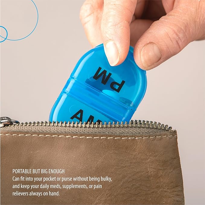Deke Home - Pill Organizer AM PM, 2 Compartment Pill Box for Pocket or Purse, Small Daily Medicine Case, Travel Pill Holder, Easy Open Pill Container for Seniors, Vitamins & Supplements (Blue)