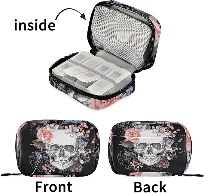 Naanle Watercolor Flower Skull Pill Box 7 Day Pill Case Travel Pill Organizer Bag with Zipper Portable Weekly Case Compact Size for Vitamin Supplement Holder
