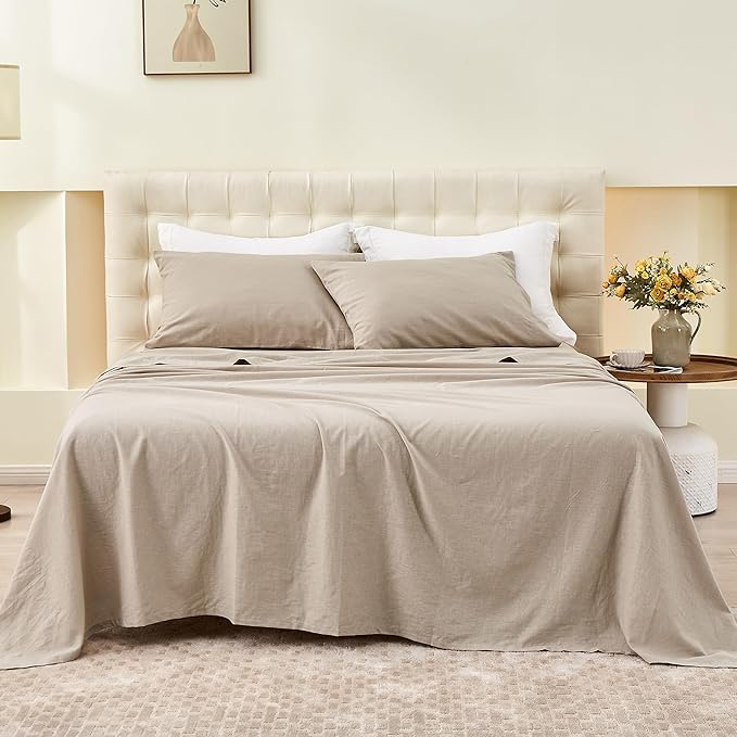 Simple&Opulence Belgian Linen Sheet Set Solid Color - 4 Pieces (1 Flat Sheet & 1 Fitted Sheet & 2 Pillowcases) Natural Flax Cotton Blend Soft Bedding Breathable Farmhouse - Khaki, King Size