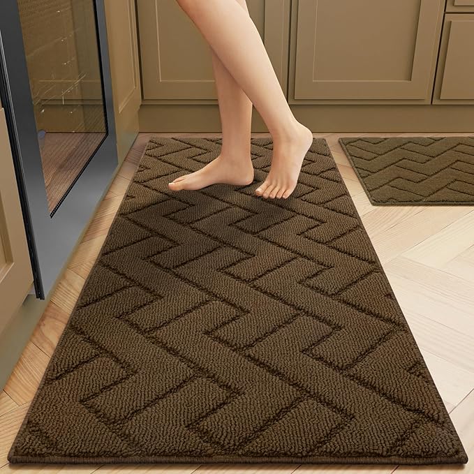 hicorfe Kitchen Rugs and Mats Sets,2 Pieces Super Absorbent Polypropylene Non-Slip Rug,Soft Comfort Floor Mat,Washable for Kitchen,Hallway,Office,Sink,Laundry(20" x 32"+20" x 48",Dark Brown)