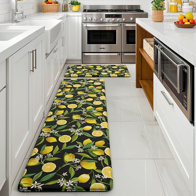 MAYHMYO Lemon Kitchen Mat Set of 2 - Anti Fatigue Mats for Kitchen Floor - Non Slip Cushioned Rugs for Standing - Lemon Decor (17.3"×29"+17.3"×47"-0.4") Black