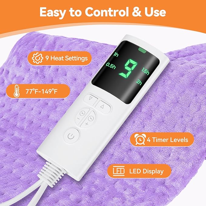Heating Pad for Back Pain, Electric Heat Pad with 9 Heat Levels & 4 Auto-Off Timers, Portable Heating Pad for Period Cramps, Shoulder, Neck, Machine Washable, Gifts for Women, Men, Purple, 24''×12''