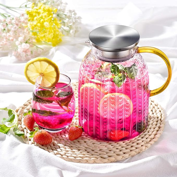Aofmee 60oz Glass Pitcher, Water Pitcher with Lid, Iced Juice Jugs for Fridge, Glass Carafe for Cold or Hot Beverages, Sun Tea Jar, Easy Clean Heat Resistant Jug for Milk