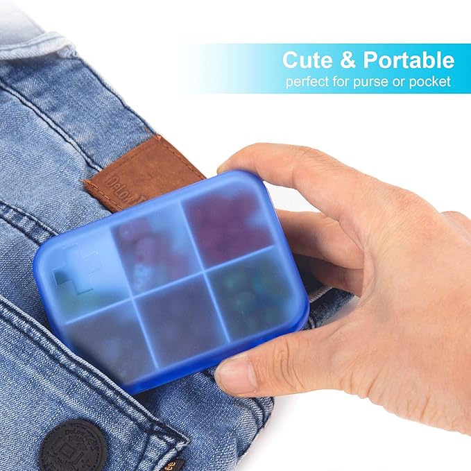 2PCS Portable Travel Pill Organizer Case for Pocket or Purse Cute Small Daily High Quality Pill Box Blue+ Grey(6 Compartments)